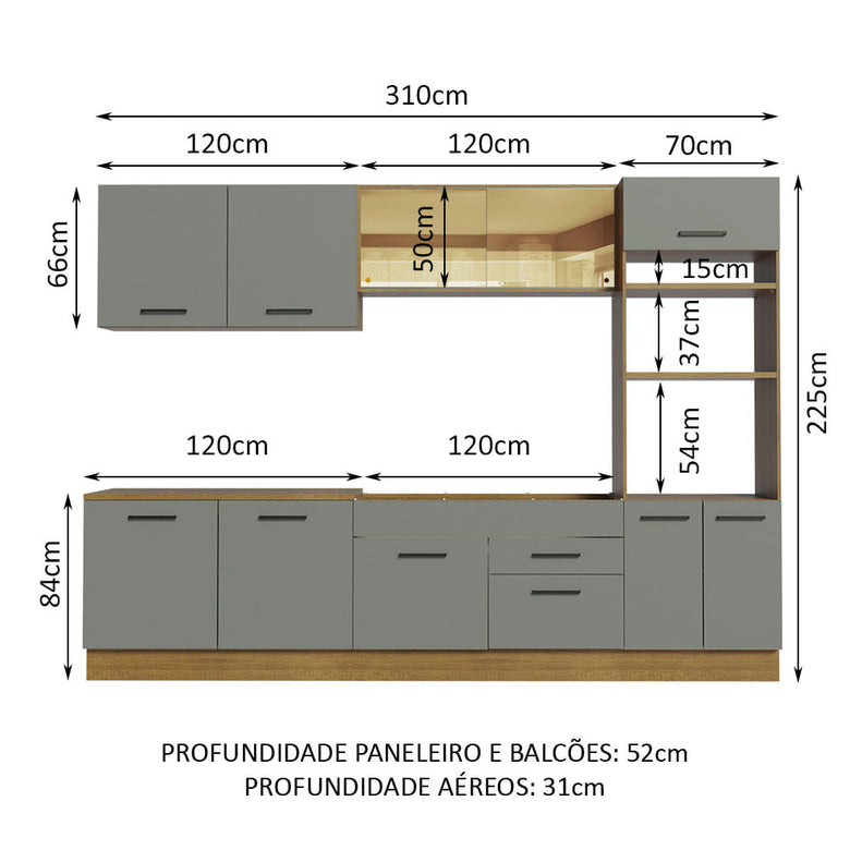 Armário de Cozinha Completa 310cm Rustic/Cinza Agata Madesa 01