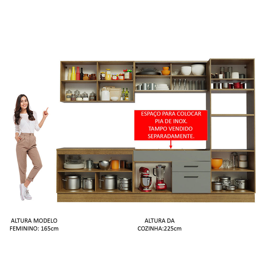 Armário de Cozinha Completa 310cm Rustic/Cinza Agata Madesa 01