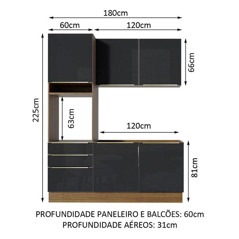 Armário de Cozinha Compacta 180cm Rustic/Preto Lux Madesa 01