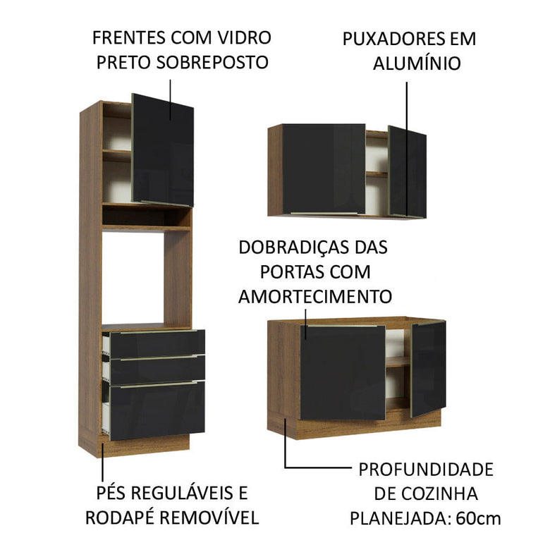 Armário de Cozinha Compacta 180cm Rustic/Preto Lux Madesa 01