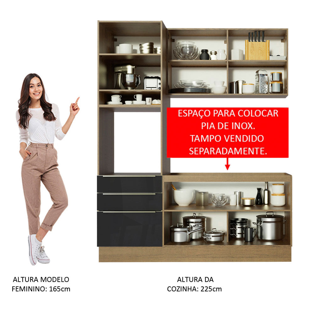 Armário de Cozinha Compacta 180cm Rustic/Preto Lux Madesa 01