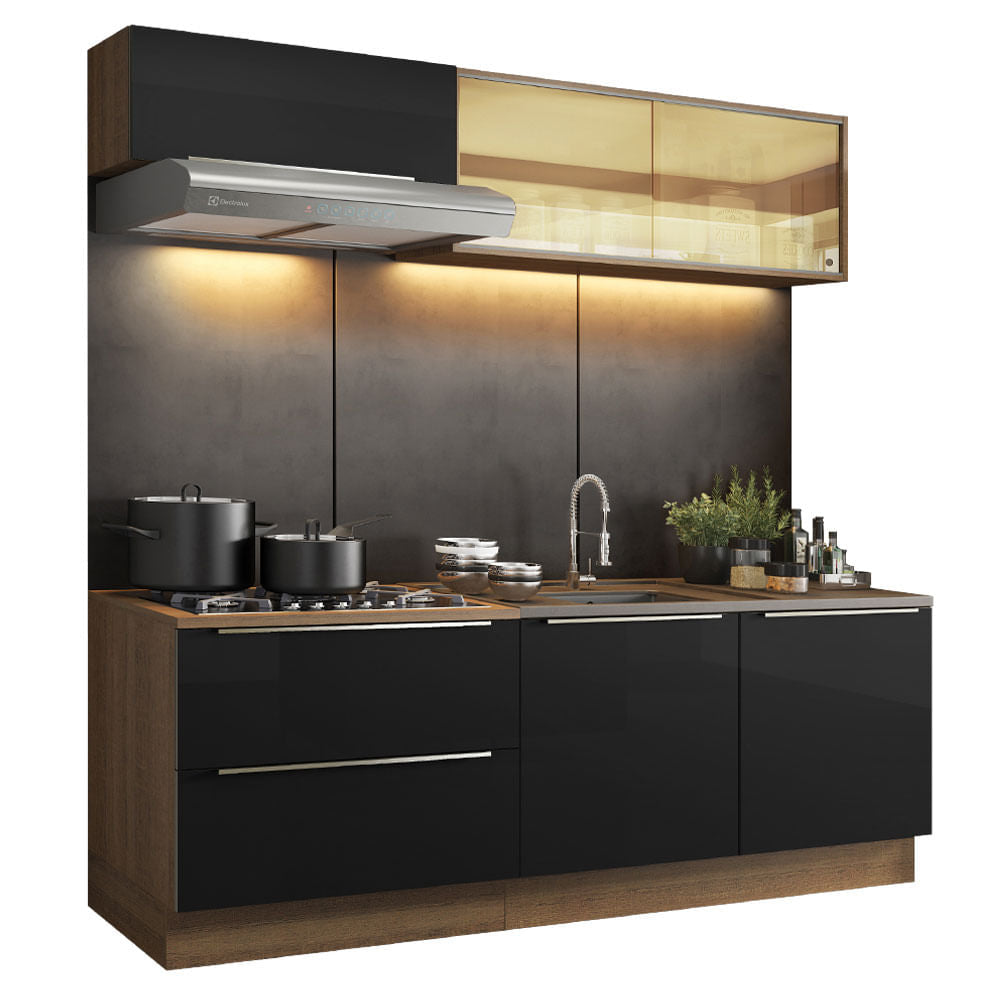 Armário de Cozinha Compacta 200cm Rustic/Preto Lux Madesa 01 - Rustic/Preto