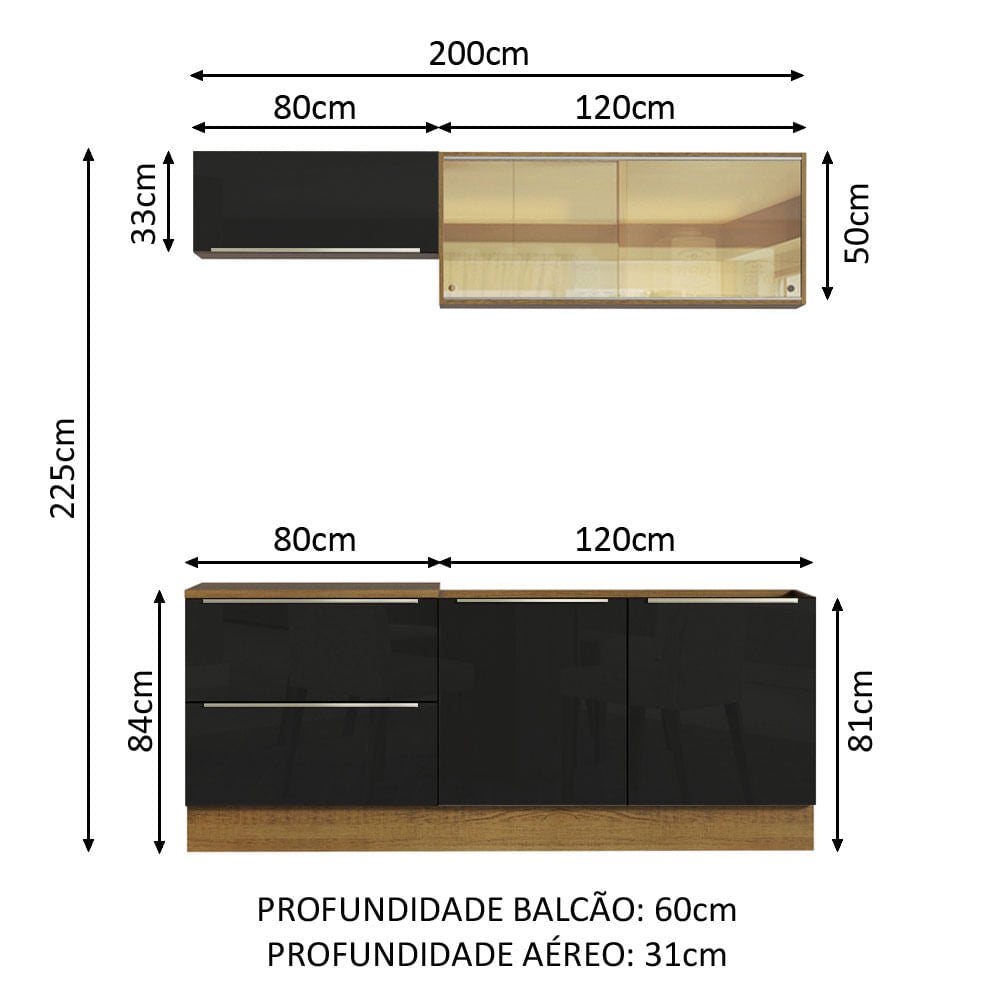 Armário de Cozinha Compacta 200cm Rustic/Preto Lux Madesa 01