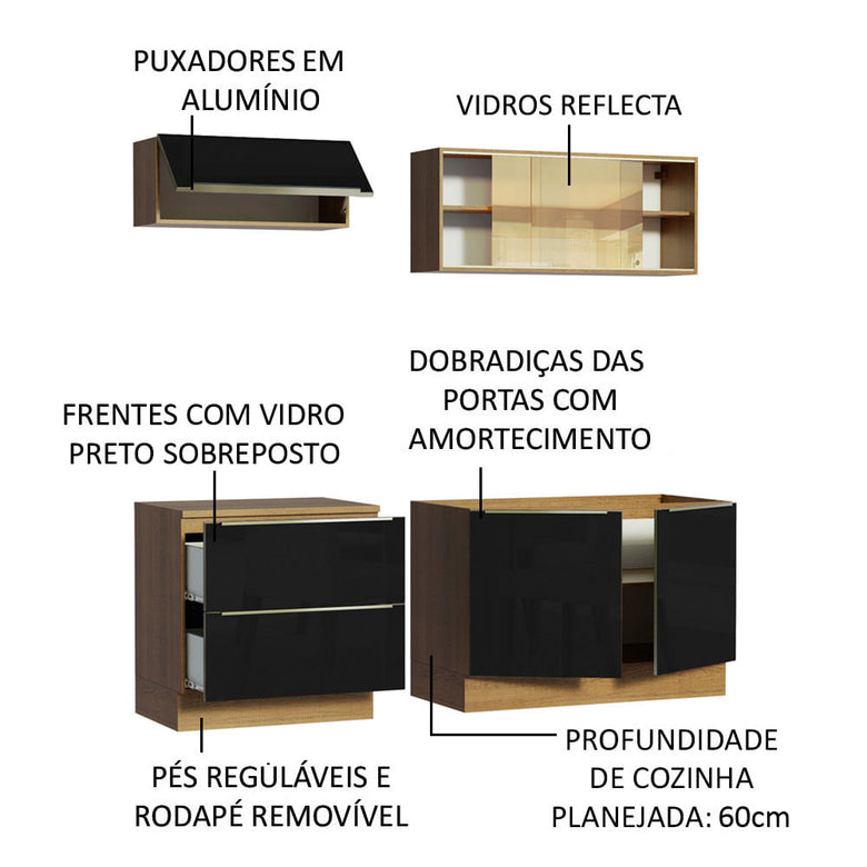 Armário de Cozinha Compacta 200cm Rustic/Preto Lux Madesa 01