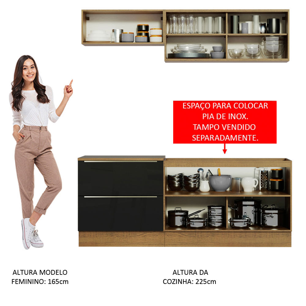 Armário de Cozinha Compacta 200cm Rustic/Preto Lux Madesa 01