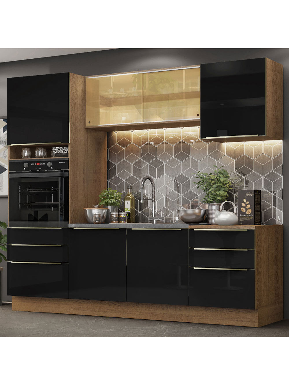 Armário de Cozinha Completa 240cm Rustic/Preto Lux Madesa 02 - Rustic/Preto