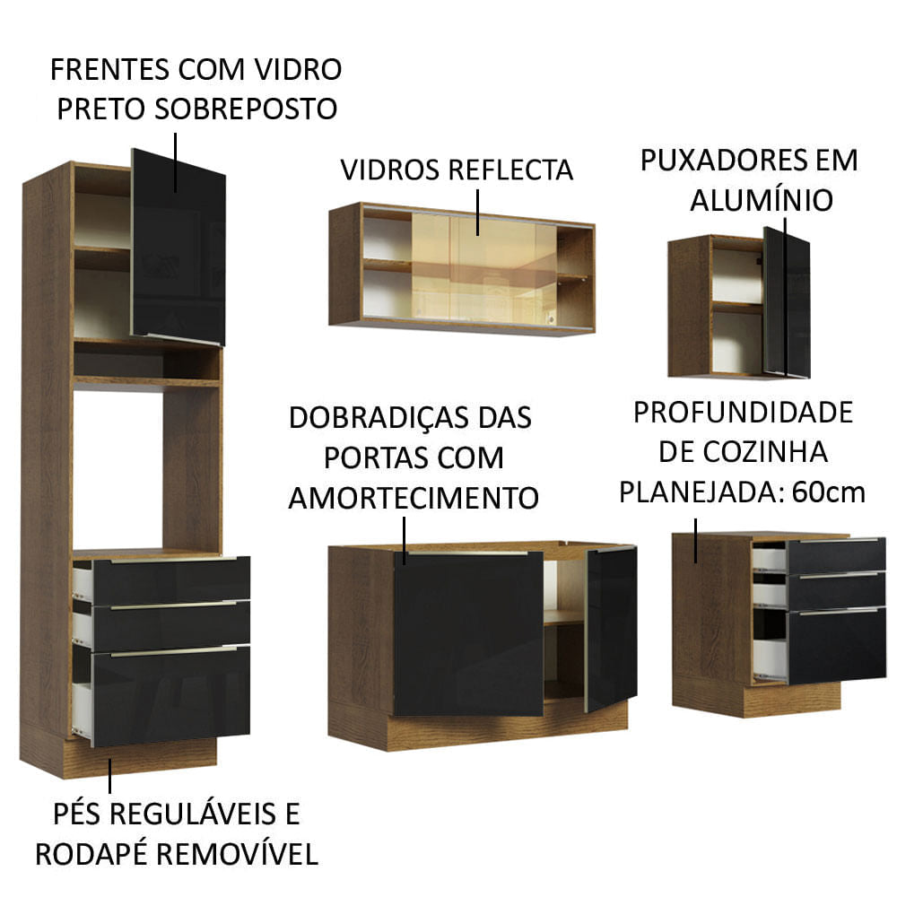 Armário de Cozinha Completa 240cm Rustic/Preto Lux Madesa 02