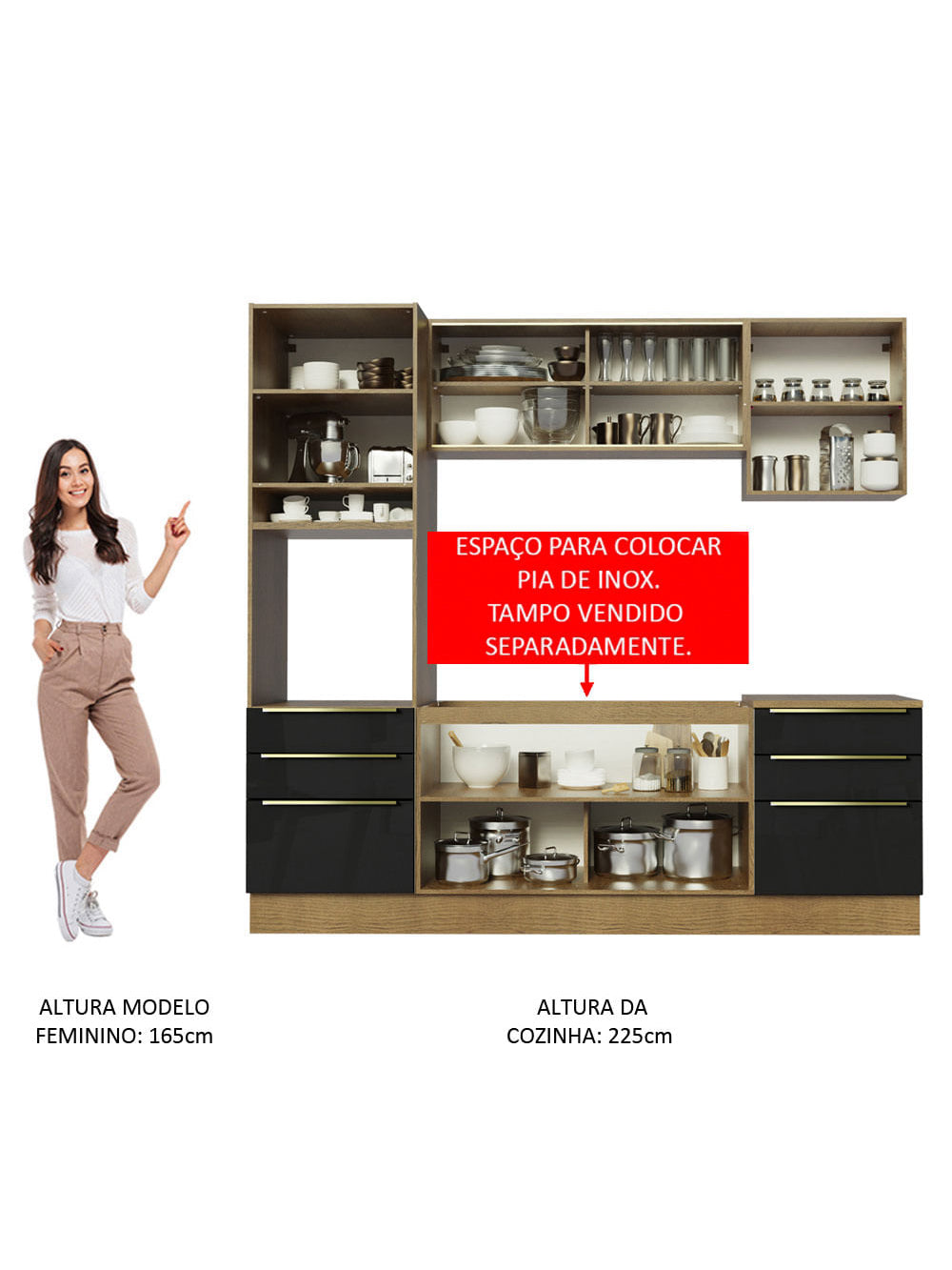 Armário de Cozinha Completa 240cm Rustic/Preto Lux Madesa 02