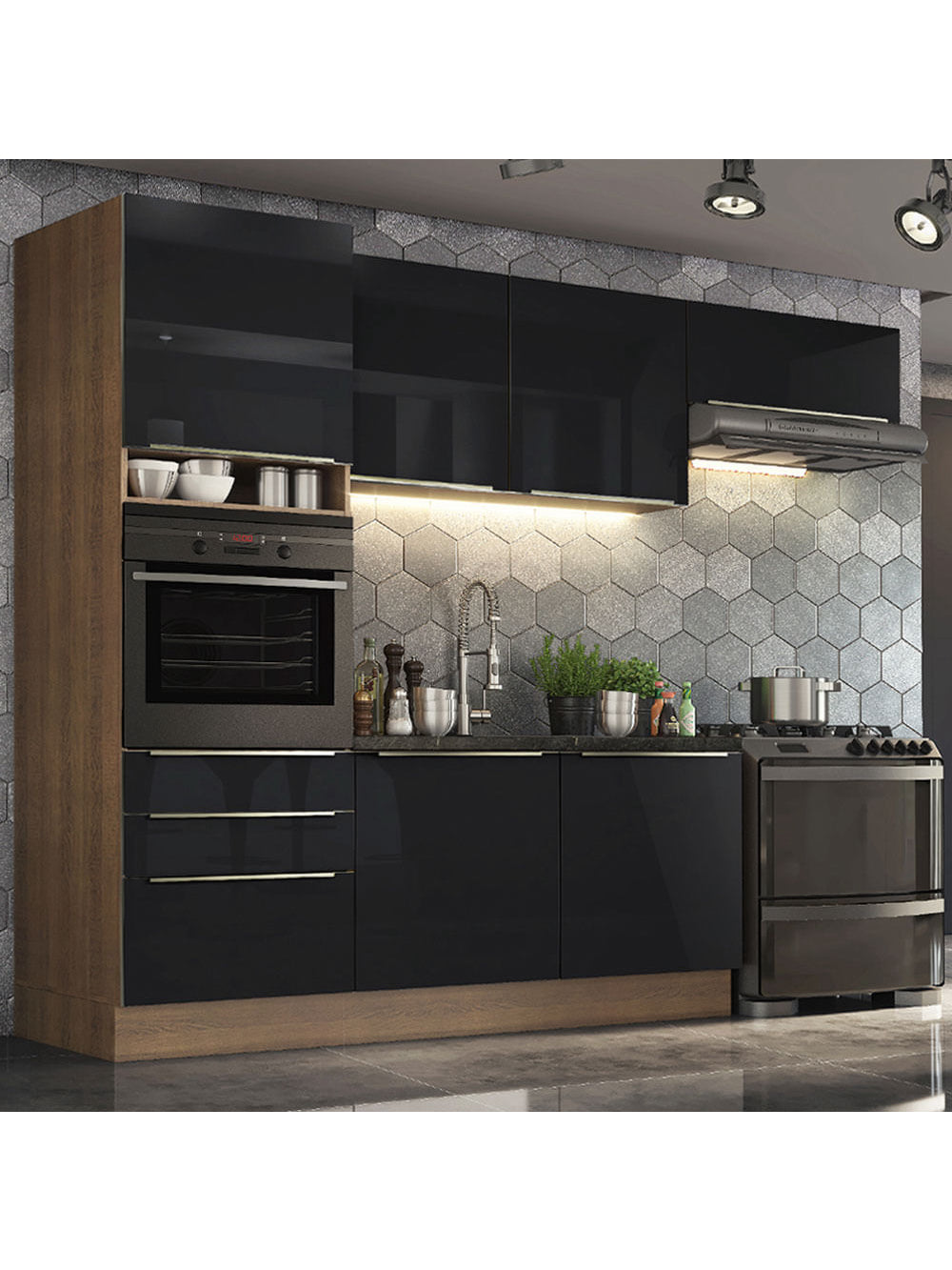 Armário de Cozinha Completa 260cm Rustic/Preto Lux Madesa 03 - Rustic/Preto