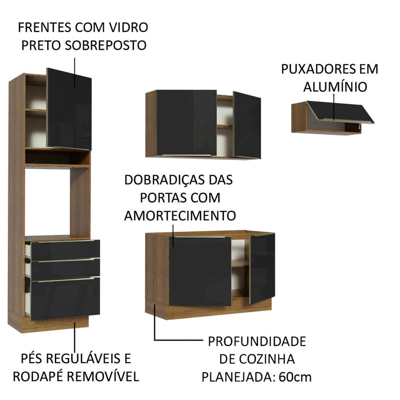 Armário de Cozinha Completa 260cm Rustic/Preto Lux Madesa 03