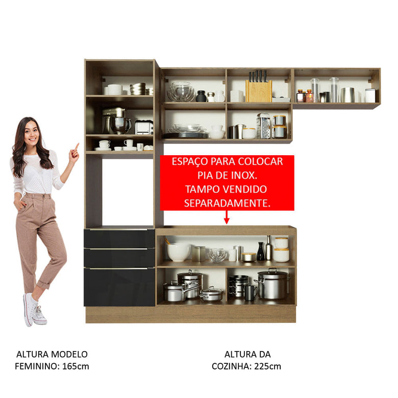 Armário de Cozinha Completa 260cm Rustic/Preto Lux Madesa 03