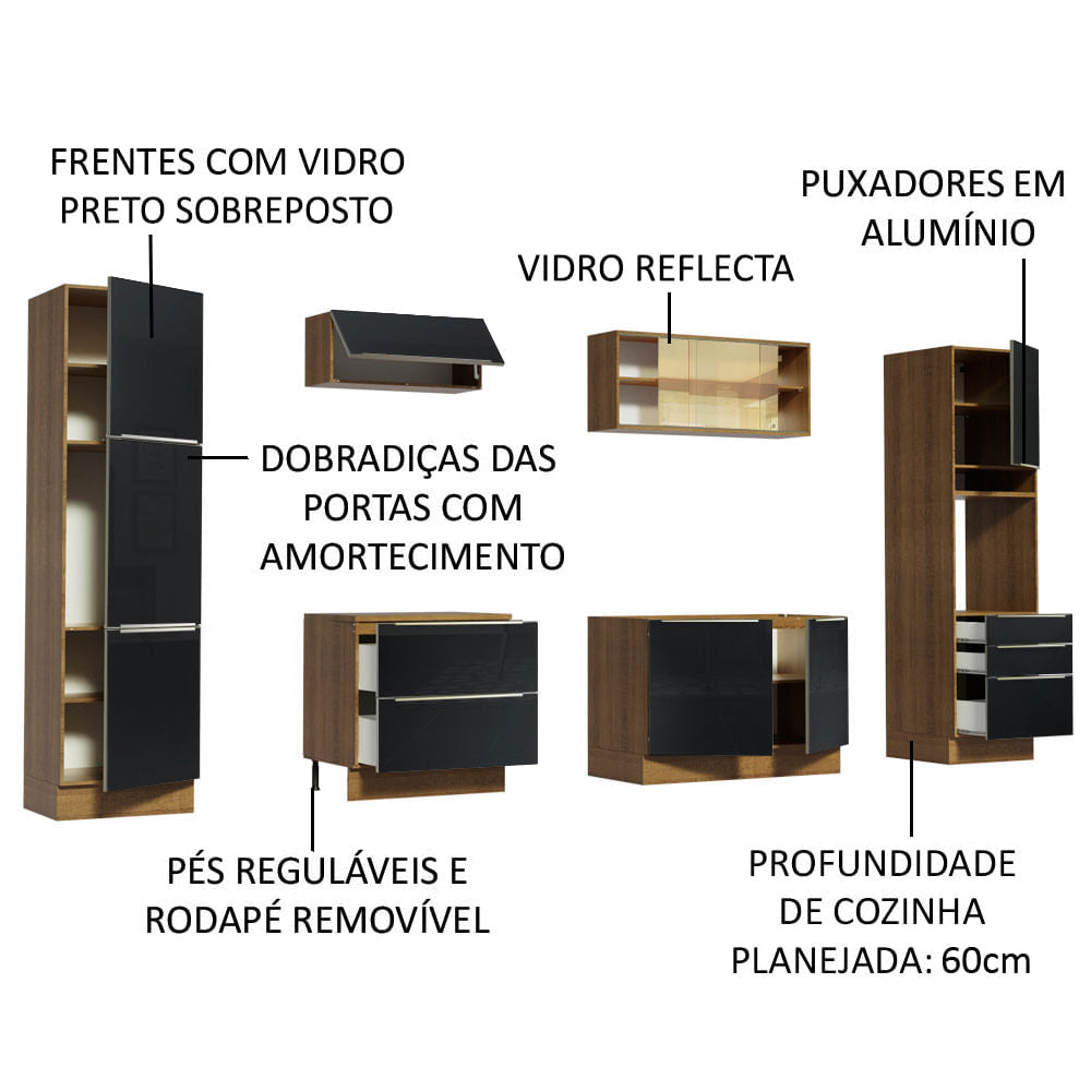 Armário de Cozinha Completa 320cm Rustic/Preto Lux Madesa 01