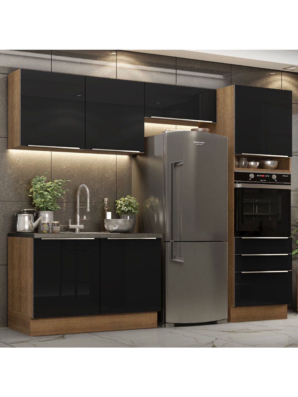 Armário de Cozinha Completa 260cm Rustic/Preto Lux Madesa 05 - Rustic/Preto