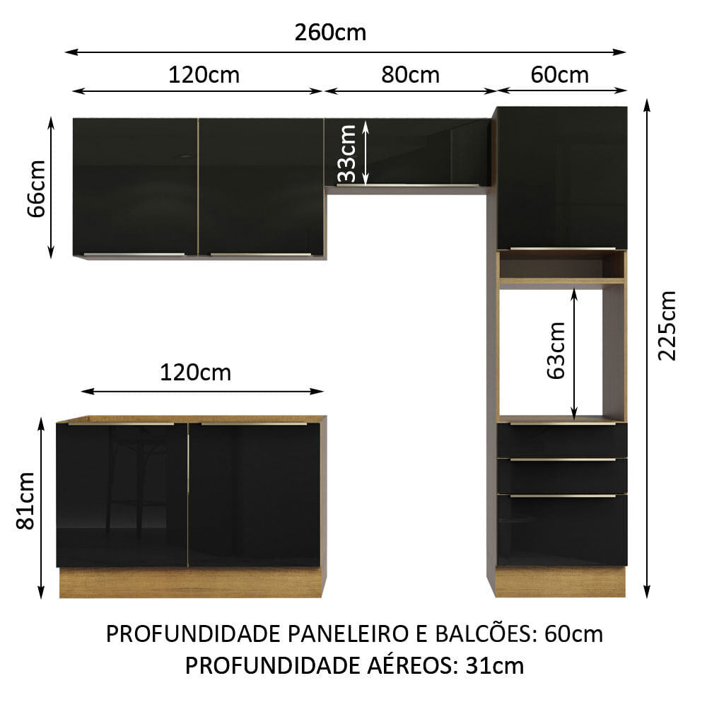 Armário de Cozinha Completa 260cm Rustic/Preto Lux Madesa 05