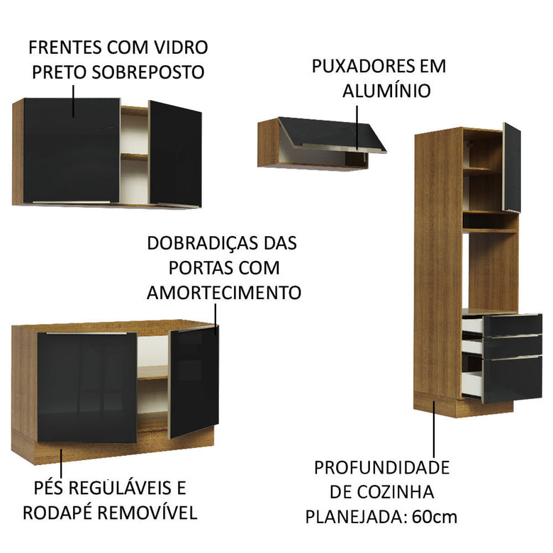 Armário de Cozinha Completa 260cm Rustic/Preto Lux Madesa 05
