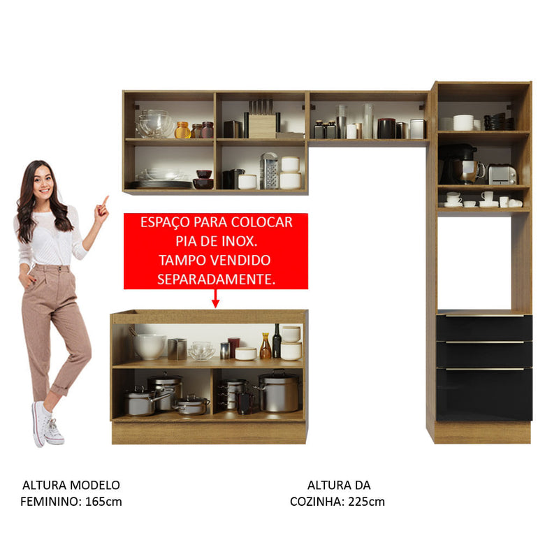 Armário de Cozinha Completa 260cm Rustic/Preto Lux Madesa 05