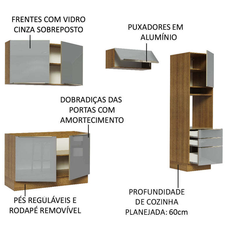 Armário de Cozinha Completa 260cm Rustic/Cinza Lux Madesa 05
