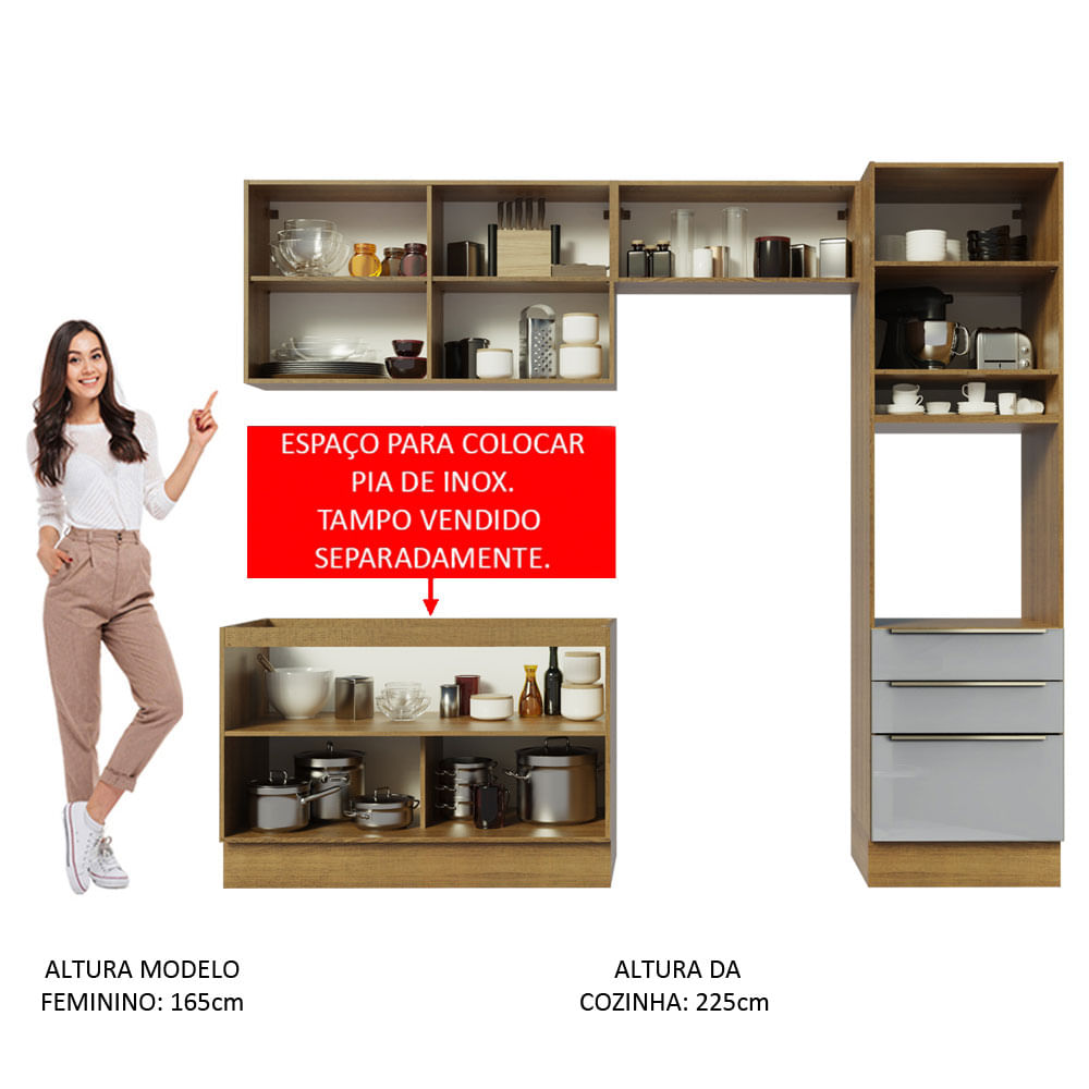 Armário de Cozinha Completa 260cm Rustic/Cinza Lux Madesa 05