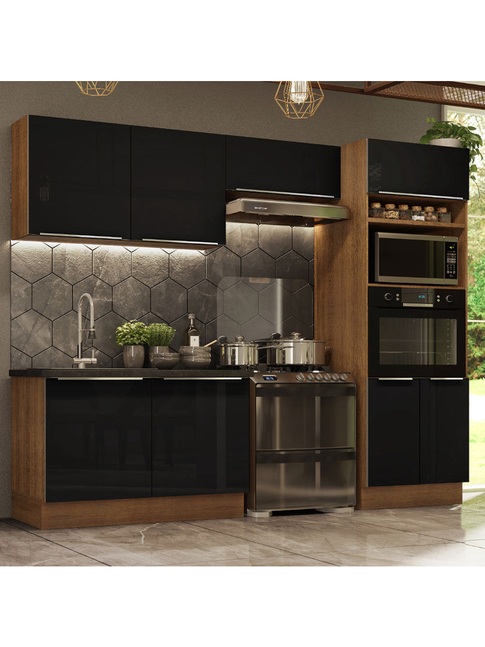 Armário de Cozinha Completa 270cm Rustic/Preto Lux Madesa 01 - Rustic/Preto