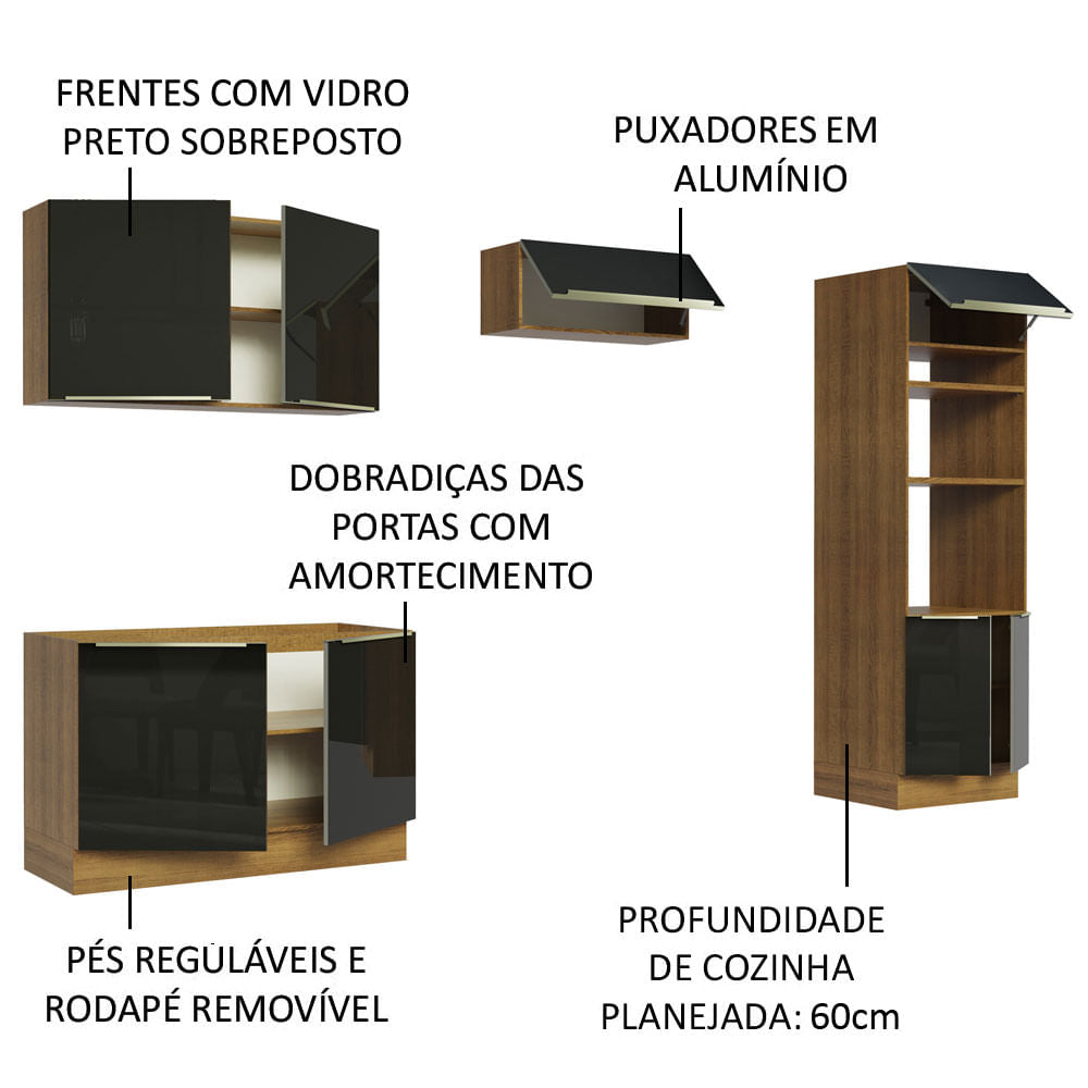 Armário de Cozinha Completa 270cm Rustic/Preto Lux Madesa 01