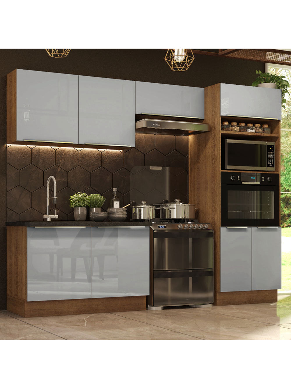 Armário de Cozinha Completa 270cm Rustic/Cinza Lux Madesa 01 - Rustic/Cinza