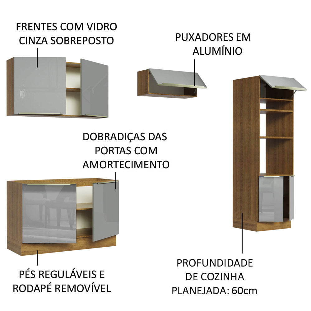 Armário de Cozinha Completa 270cm Rustic/Cinza Lux Madesa 01