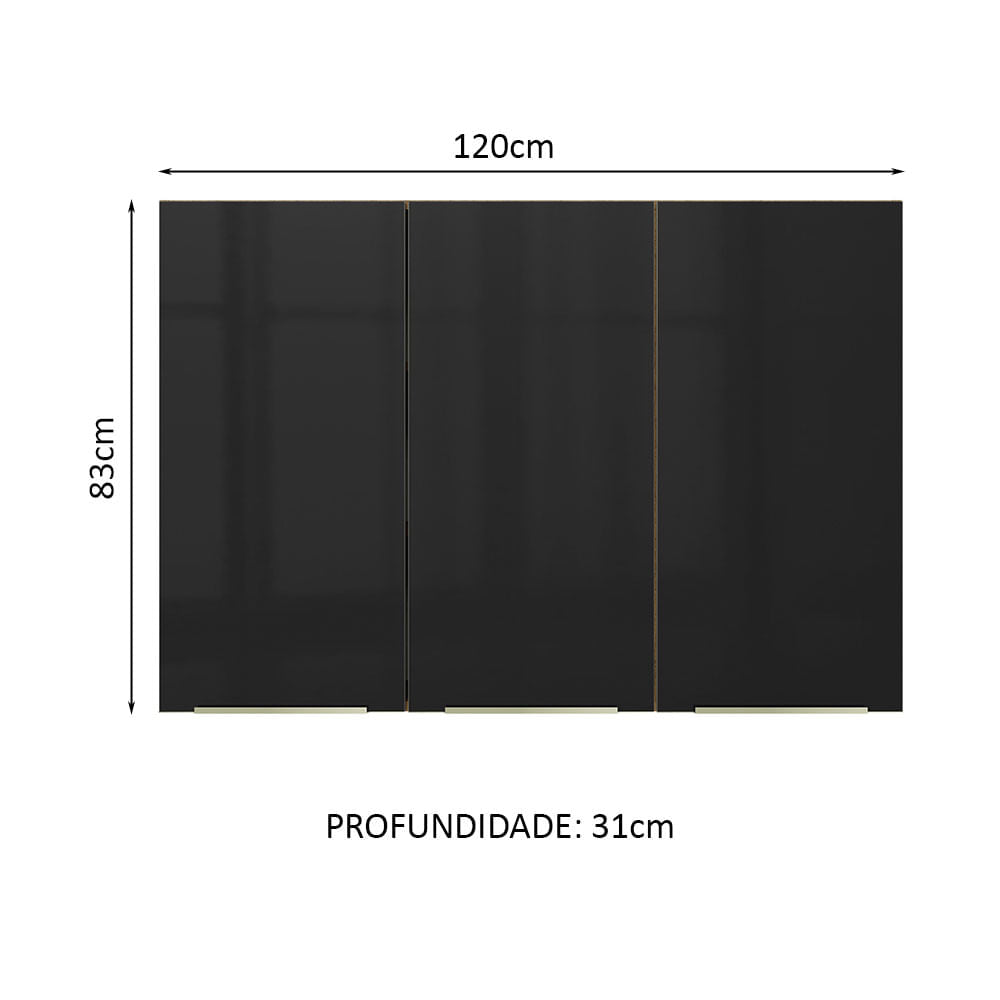 Armário Aéreo Madesa Lux 120 cm 3 Portas Rustic/Preto - Rustic/Preto
