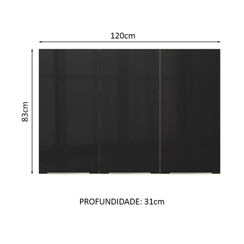 Armário Aéreo Madesa Lux 120 cm 3 Portas Rustic/Preto