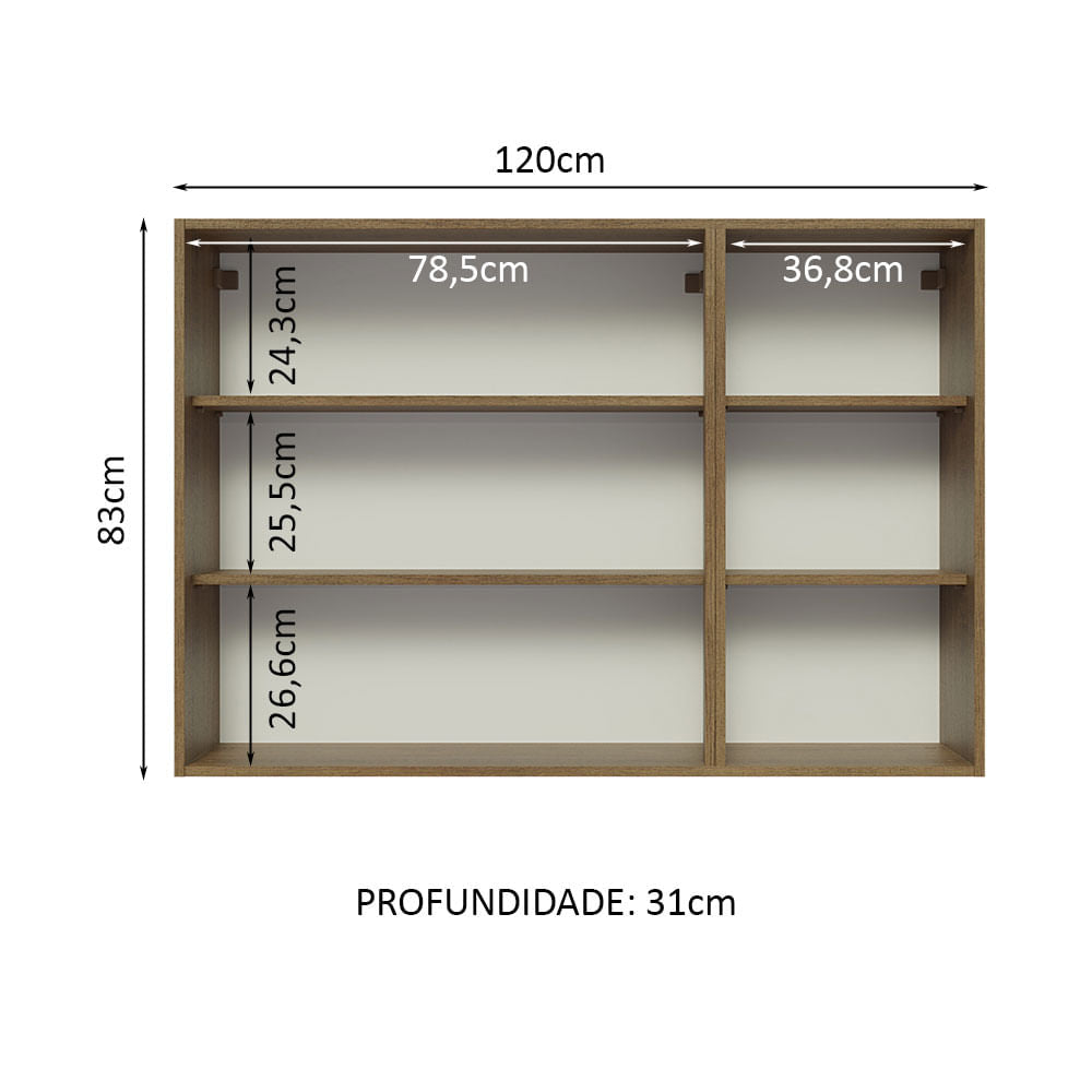 Armário Aéreo Madesa Lux 120 cm 3 Portas Rustic/Preto