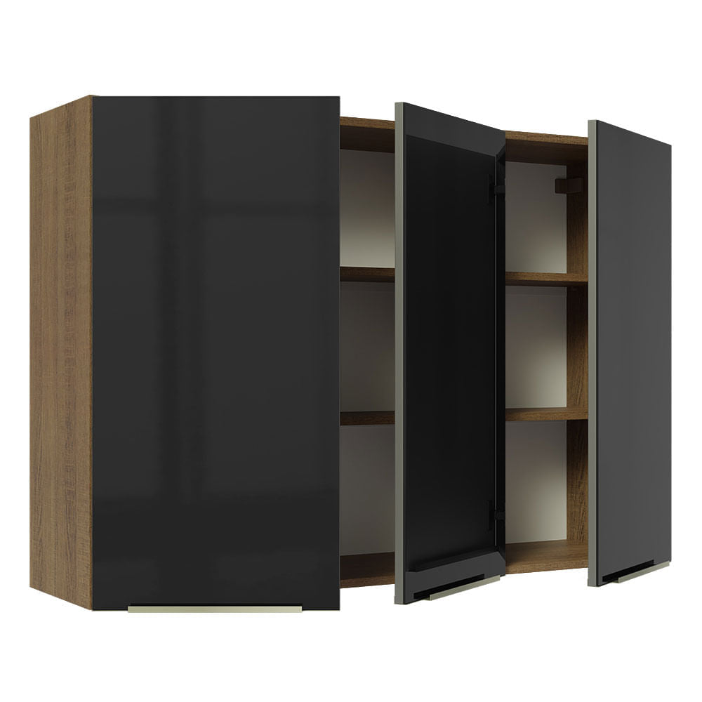 Armário Aéreo Madesa Lux 120 cm 3 Portas Rustic/Preto