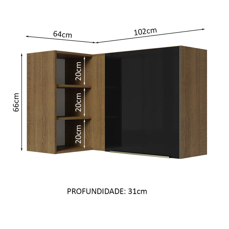 Armário Aéreo de Canto com Adega Acoplada Madesa Lux 1 Porta Rustic/Preto