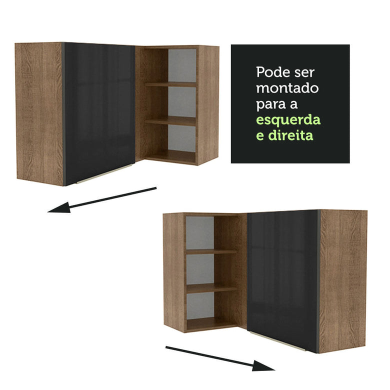 Armário Aéreo de Canto com Adega Acoplada Madesa Lux 1 Porta Rustic/Preto