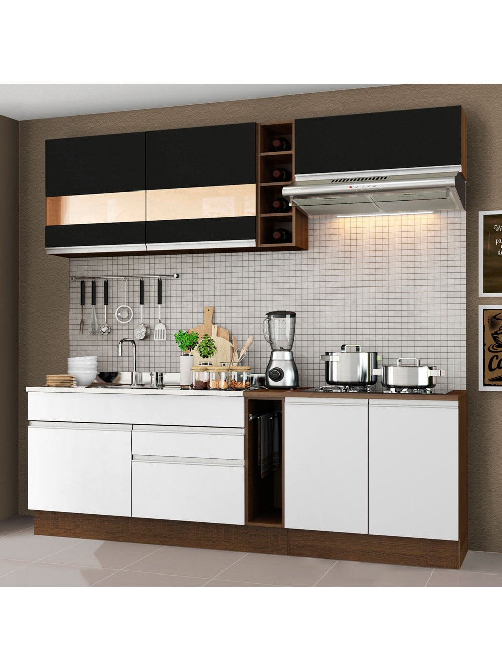 Armário de Cozinha Completa 220cm Rustic/Branco/Preto Parma Madesa 02 - Rustic/Branco/Preto