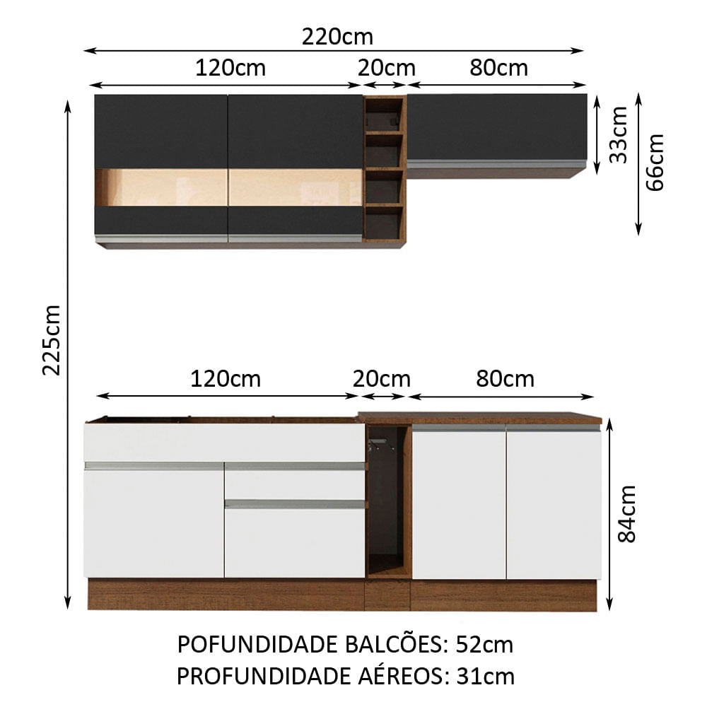 Armário de Cozinha Completa 220cm Rustic/Branco/Preto Parma Madesa 02