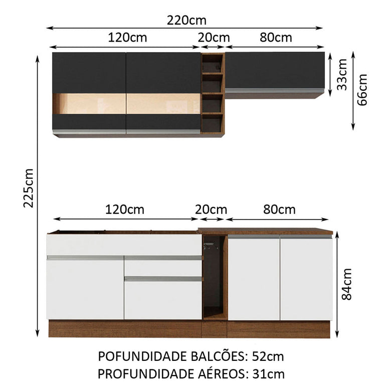 Armário de Cozinha Completa 220cm Rustic/Branco/Preto Parma Madesa 02