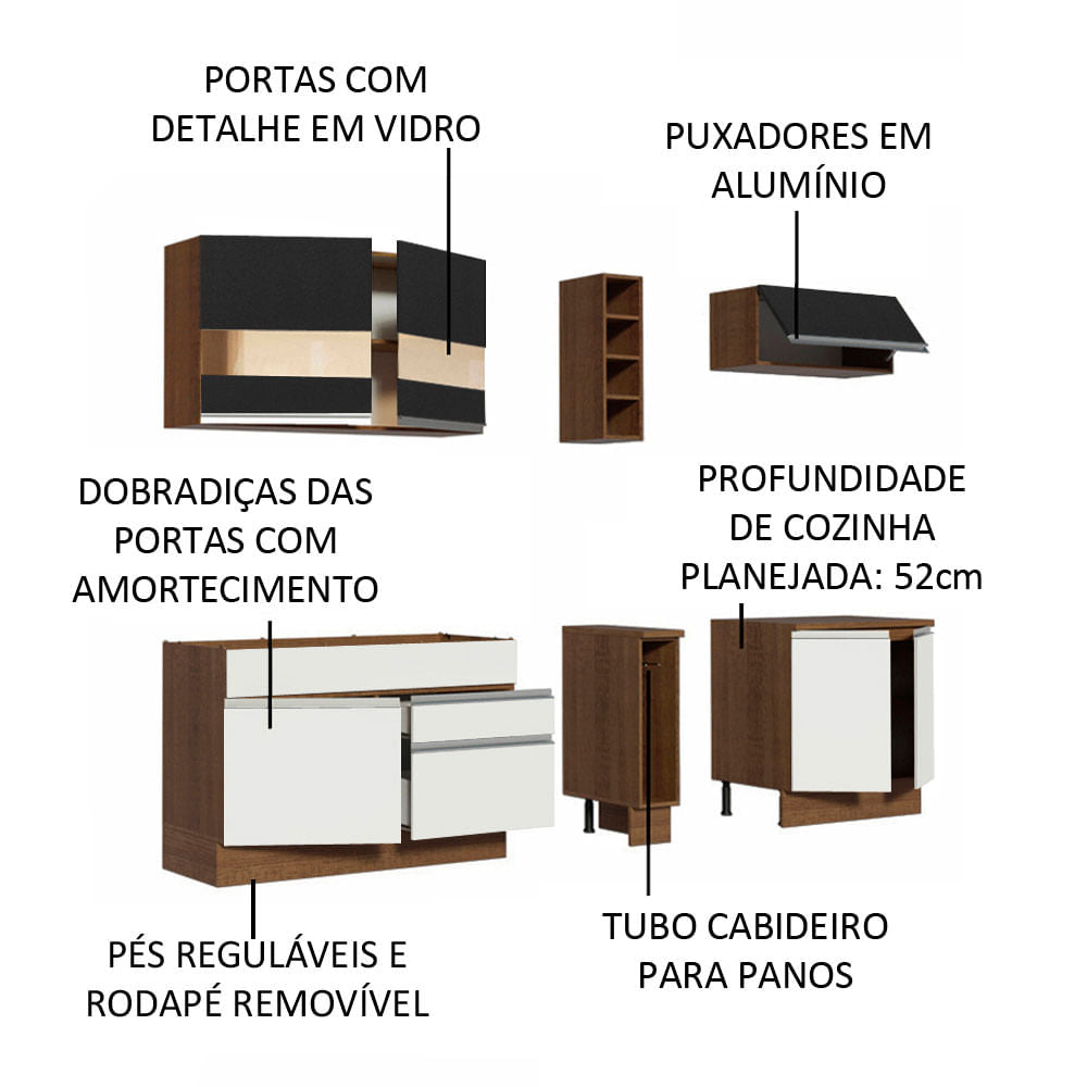 Armário de Cozinha Completa 220cm Rustic/Branco/Preto Parma Madesa 02