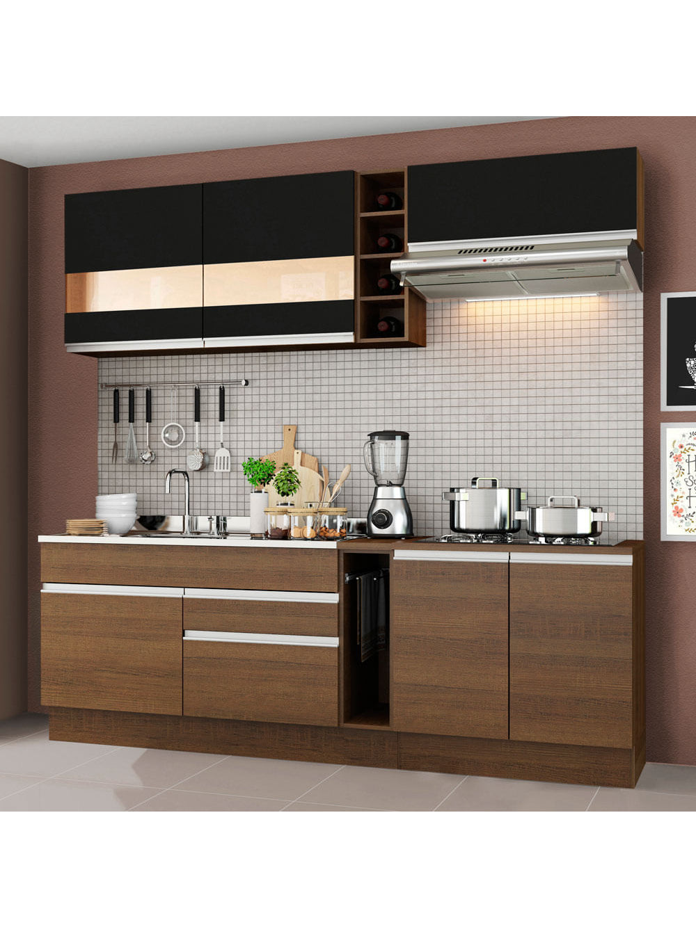 Armário de Cozinha Completa 220cm Rustic/Rustic/Preto Parma Madesa 02 - Rustic/Rustic/Crema