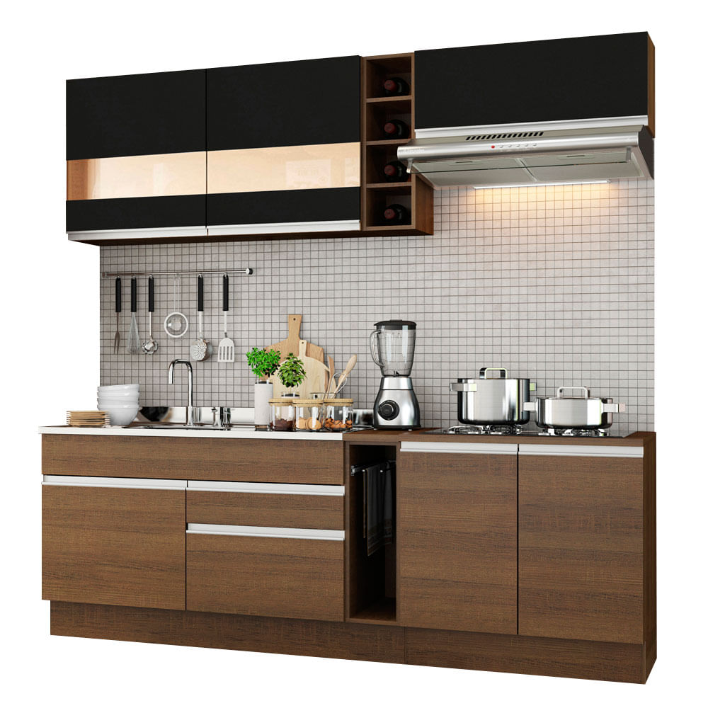 Armário de Cozinha Completa 220cm Rustic/Rustic/Preto Parma Madesa 02 - Rustic/Rustic/Crema