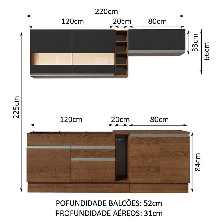 Armário de Cozinha Completa 220cm Rustic/Rustic/Preto Parma Madesa 02