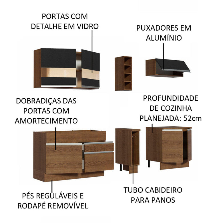 Armário de Cozinha Completa 220cm Rustic/Rustic/Preto Parma Madesa 02