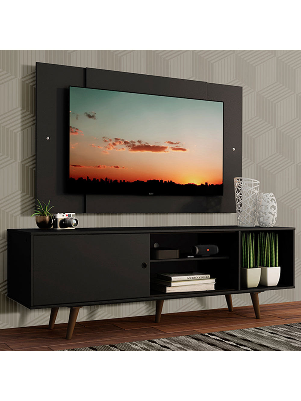 Rack Madesa Dubai com Pés e Painel para TV até 58 Polegadas Preto/Rustic 8ND8 - Preto/Rustic