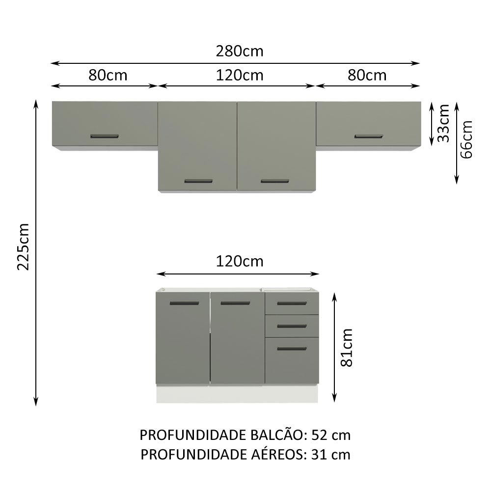 Armário de Cozinha Compacta 280cm Branco/Cinza Agata Madesa 02