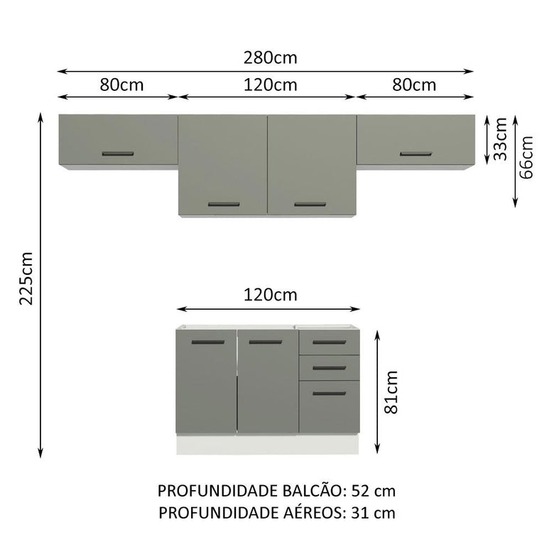 Armário de Cozinha Compacta 280cm Branco/Cinza Agata Madesa 02