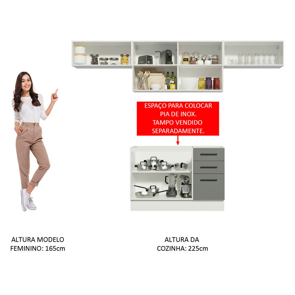 Armário de Cozinha Compacta 280cm Branco/Cinza Agata Madesa 02