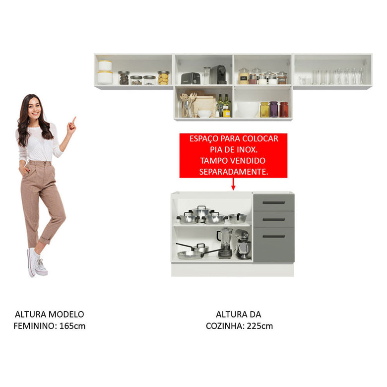 Armário de Cozinha Compacta 280cm Branco/Cinza Agata Madesa 02