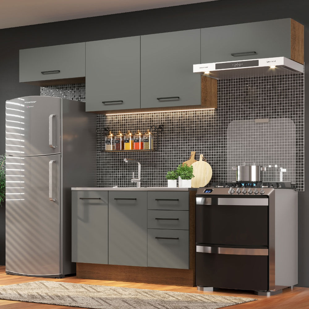 Armário de Cozinha Compacta 280cm Rustic/Cinza Agata Madesa 02 - Rustic/Cinza