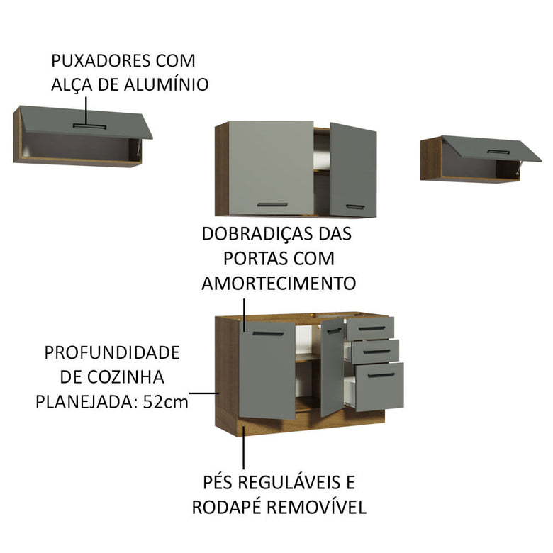Armário de Cozinha Compacta 280cm Rustic/Cinza Agata Madesa 02
