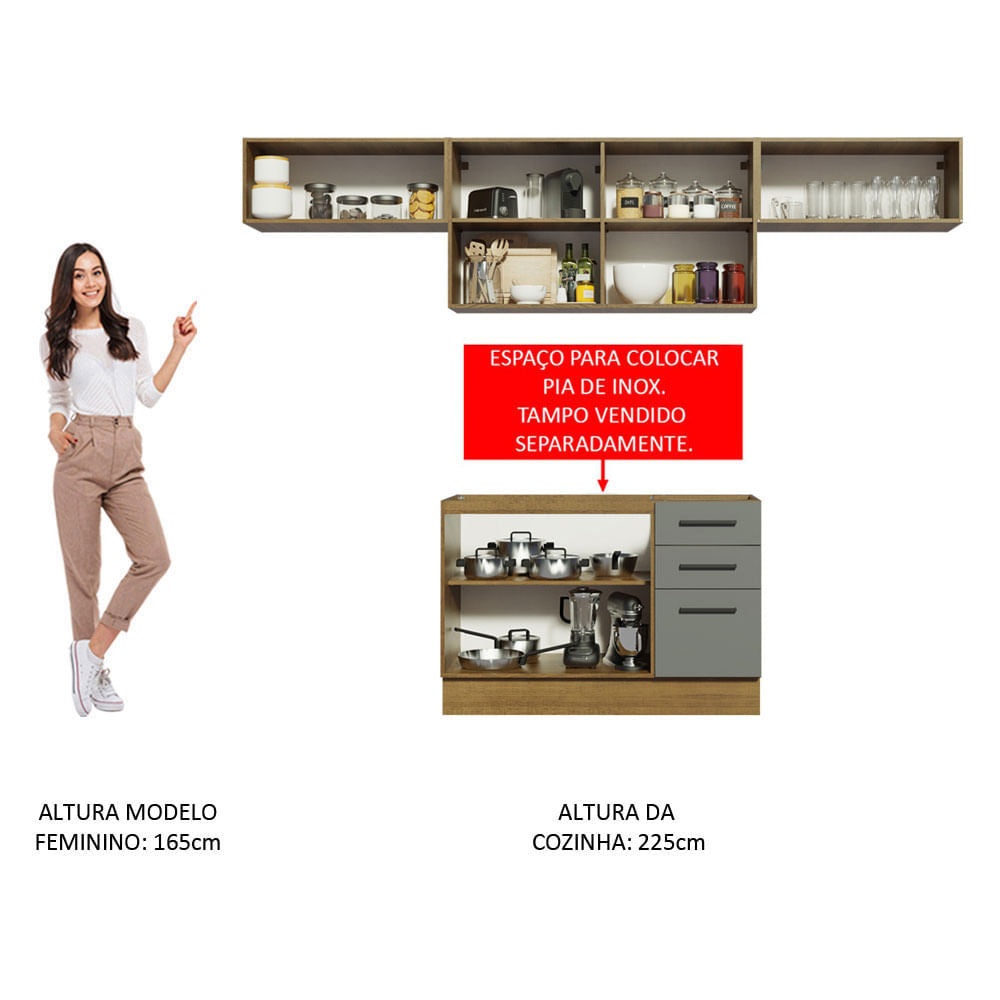 Armário de Cozinha Compacta 280cm Rustic/Cinza Agata Madesa 02