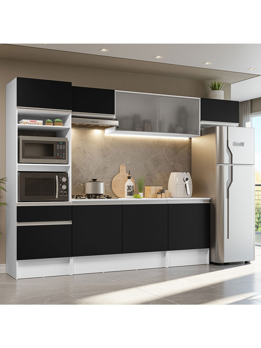 Armário de Cozinha Completa 300cm Branco/Preto Topazio Madesa 01 - Branco/Preto