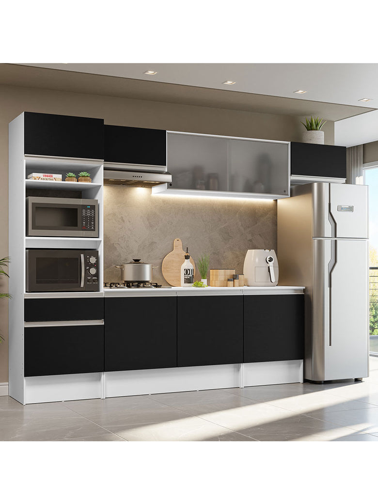 Armário de Cozinha Completa 300cm Branco/Preto Topazio Madesa 01